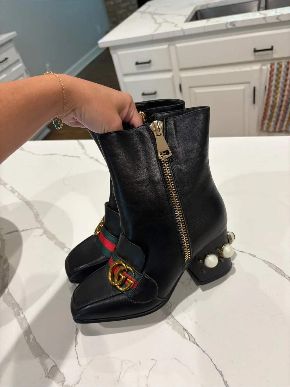 Gucci Black Leather Ankle Boots with Green and Red Web & Gold GG